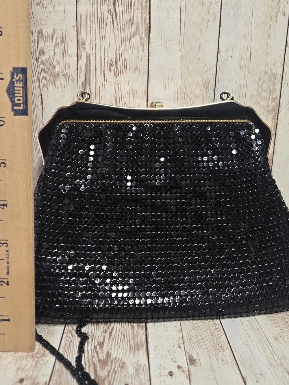 Vintage Black Metal Mesh Evening Bag Gold Tone Frame Chain Strap Purse